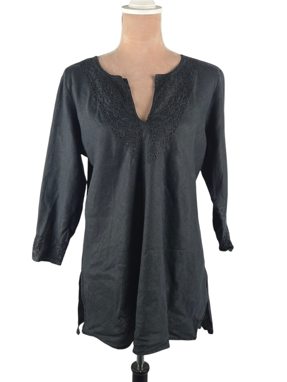 Kate Hill Petite Embroidered Linen Tunic Faded Black Size PL